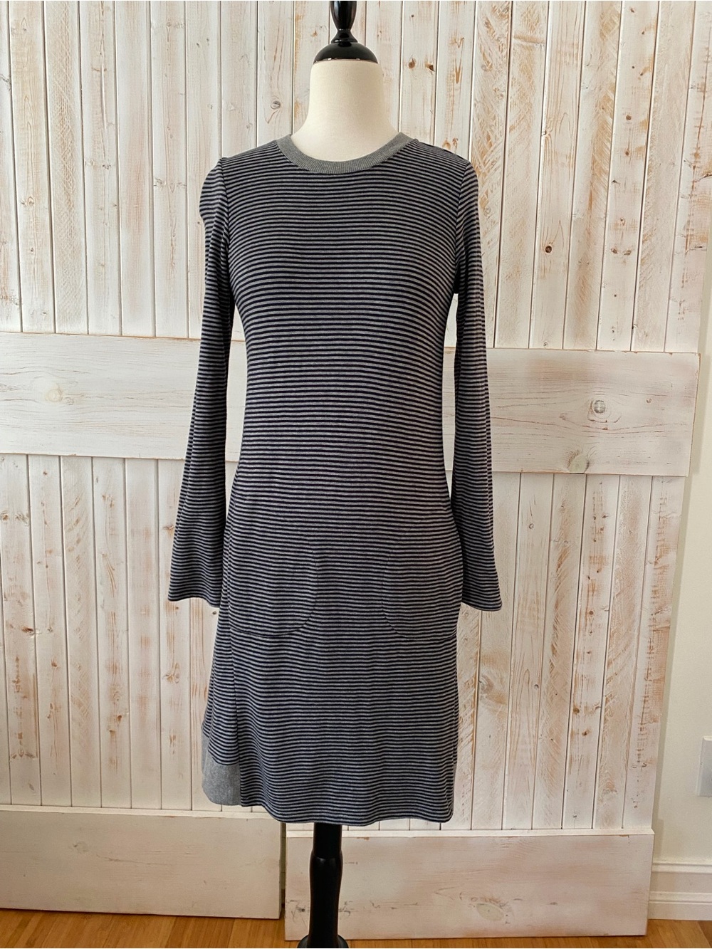 J. Jill Black and Gray Striped Long Sleeve Knit Dress